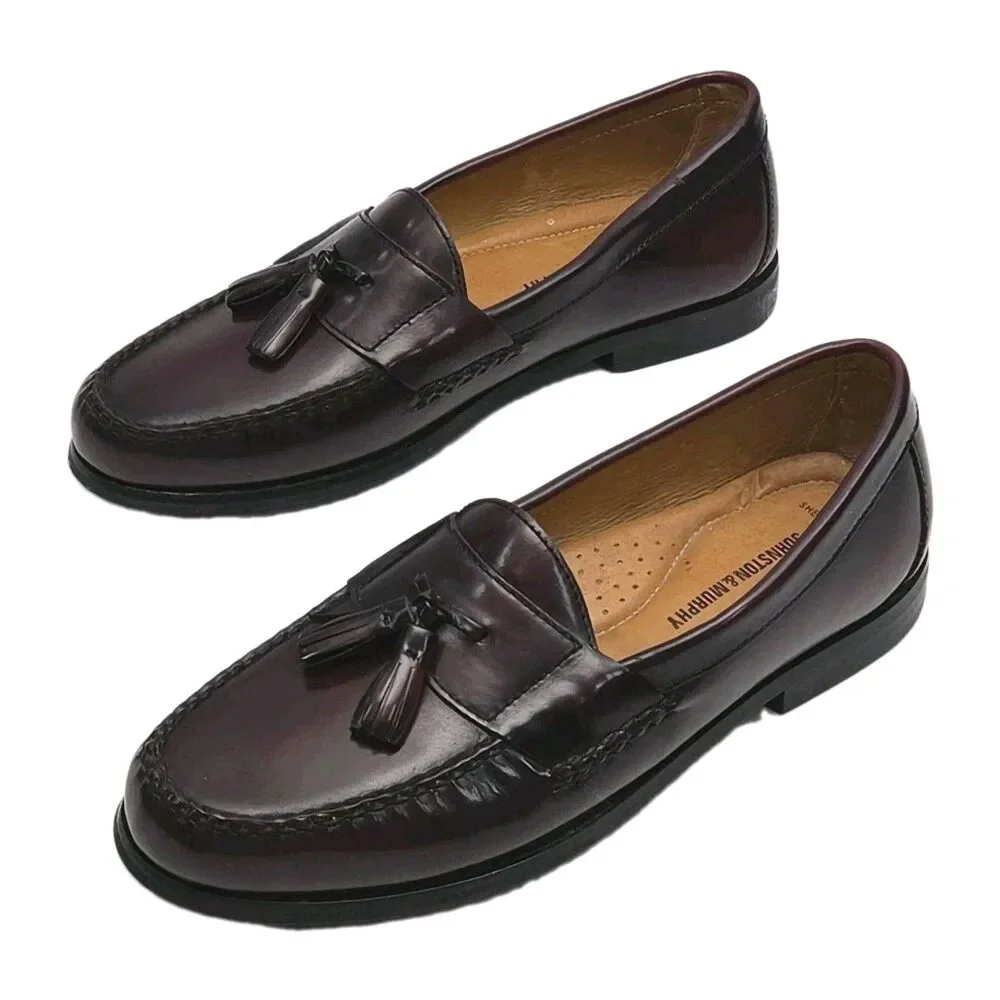 Johnston & Murphy Shoe Penny Loafers Men Sz 9.5 M Burgundy Sheepskin Tassled